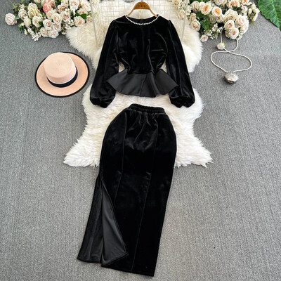 Eleganti ar garām piedurknēm Vintage O veida kakla Rhinestone volāniem samta augšdaļa ar augstu vidukli, sadalīti svārki korejiešu High Street rudens ziemas komplekti