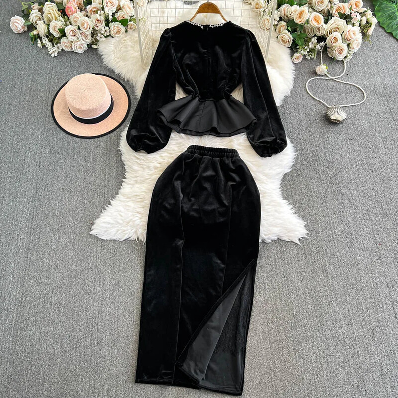 Eleganti ar garām piedurknēm Vintage O veida kakla Rhinestone volāniem samta augšdaļa ar augstu vidukli, sadalīti svārki korejiešu High Street rudens ziemas komplekti