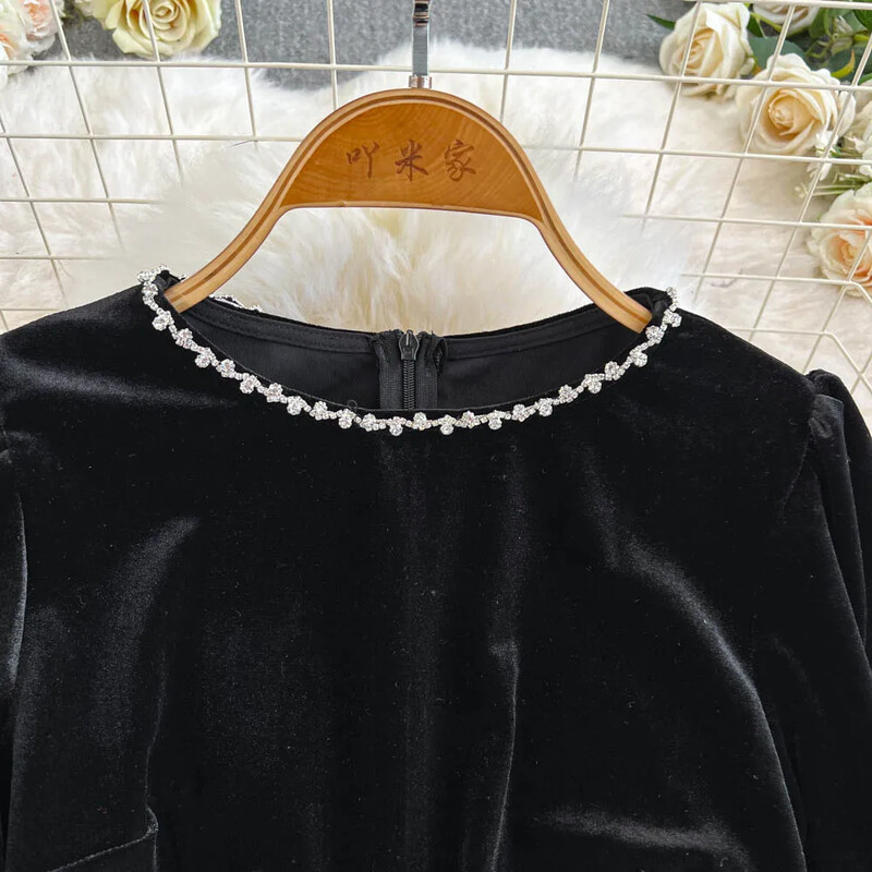 Eleganti ar garām piedurknēm Vintage O veida kakla Rhinestone volāniem samta augšdaļa ar augstu vidukli, sadalīti svārki korejiešu High Street rudens ziemas komplekti