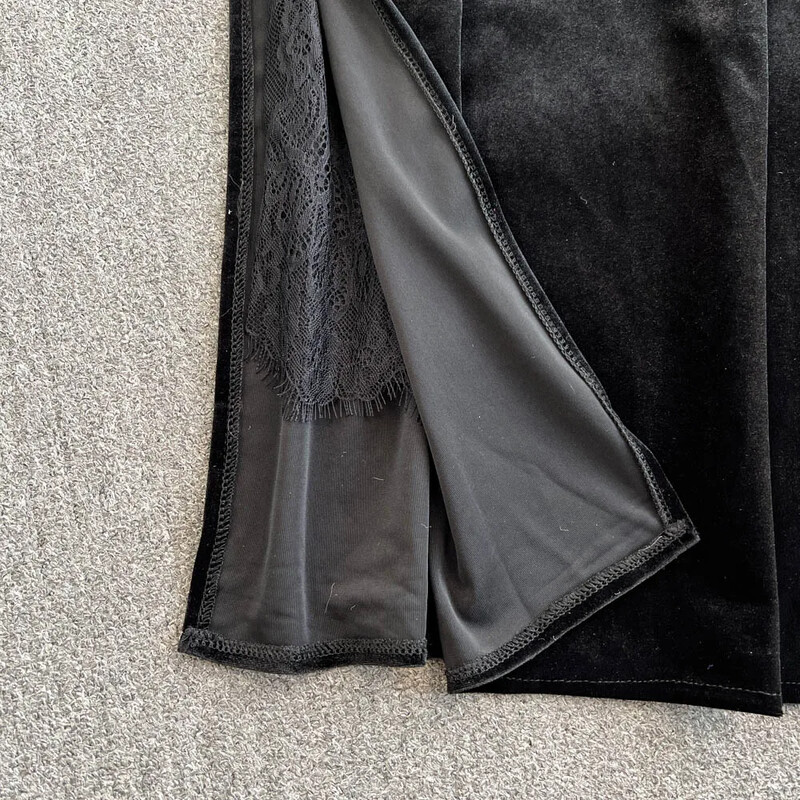 Eleganti ar garām piedurknēm Vintage O veida kakla Rhinestone volāniem samta augšdaļa ar augstu vidukli, sadalīti svārki korejiešu High Street rudens ziemas komplekti