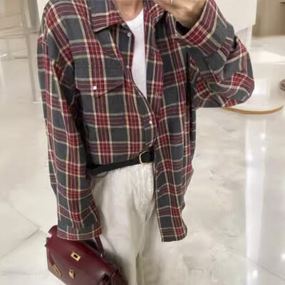 Sieviešu vintage krekls ar garām piedurknēm Lielizmēra rūtains krekls rudens ziemas modes brīvs atloks kabatas krekls pieguļoša blūze korejiešu stilā