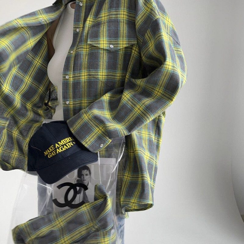 Sieviešu vintage krekls ar garām piedurknēm Lielizmēra rūtains krekls rudens ziemas modes brīvs atloks kabatas krekls pieguļoša blūze korejiešu stilā