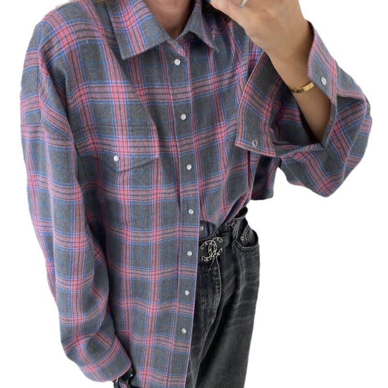 Sieviešu vintage krekls ar garām piedurknēm Lielizmēra rūtains krekls rudens ziemas modes brīvs atloks kabatas krekls pieguļoša blūze korejiešu stilā