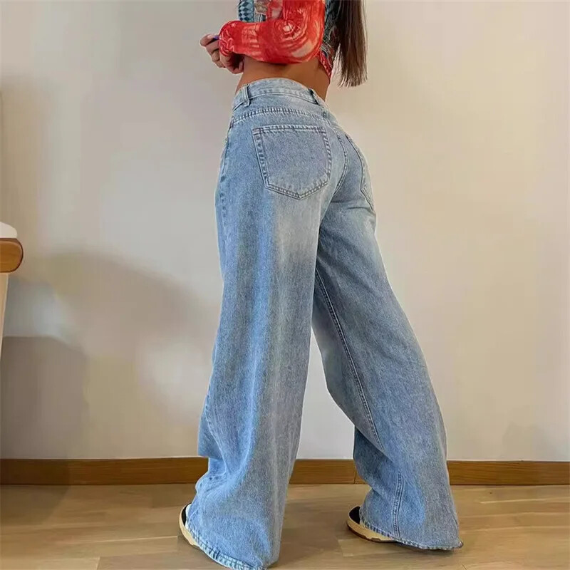 Amerikāņu vintage taisni džinsi Sieviešu brīvas džinsu bikses ar augstu vidukli Sieviešu bikses ar platām kājām ikdienas ērts ikdienas ielas apģērbs
