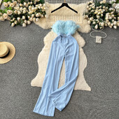 Vintage spalvas bez siksnām bez piedurknēm, tievs High Street augsta viduklis, platas bikses kombinezons Elegants vakara vasaras sieviešu apģērbs