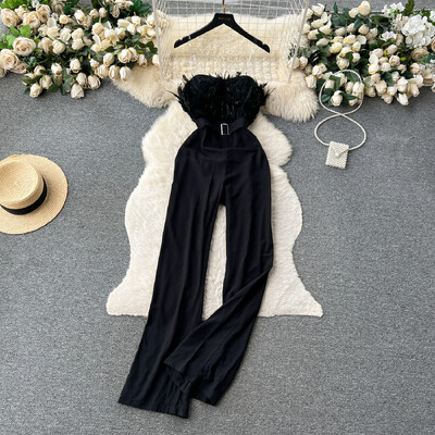 Vintage spalvas bez siksnām bez piedurknēm, tievs High Street augsta viduklis, platas bikses kombinezons Elegants vakara vasaras sieviešu apģērbs