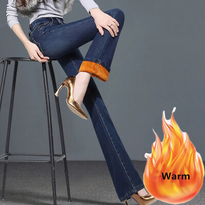 Ziemas, šauras, siltas sieviešu džinsu bikses, liela izmēra 26-34 uzliesmojoši džinsi ar plīša oderi ar augstu vidukli Vaqueros biezas vintage zvana apakšas