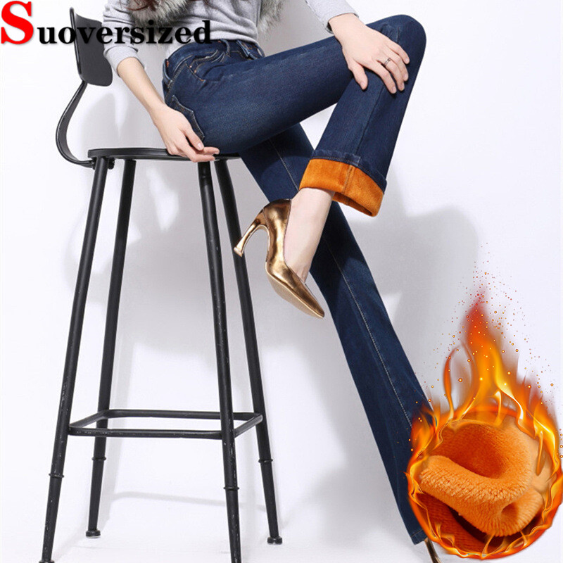 Ziemas, šauras, siltas sieviešu džinsu bikses, liela izmēra 26-34 uzliesmojoši džinsi ar plīša oderi ar augstu vidukli Vaqueros biezas vintage zvana apakšas