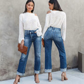 Дамски дънки Прави панталони Дънкови джобове Висока талия Свободни сини елегантни Mom Jeans Дължина до глезена Streetwear Y2k пране с цип