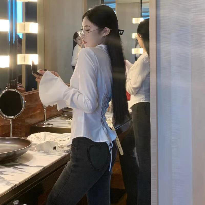 Sieviešu seksīgs, tievs melns balts šifona krekls korejiešu modes tunika mugurā, mežģīņveida, piedurknēm, blūzes ar nolaižamu apkakli, rudens krekli