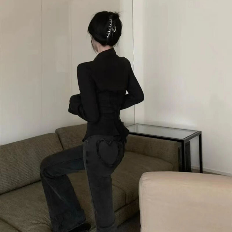 Sieviešu seksīgs, tievs melns balts šifona krekls korejiešu modes tunika mugurā, mežģīņveida, piedurknēm, blūzes ar nolaižamu apkakli, rudens krekli