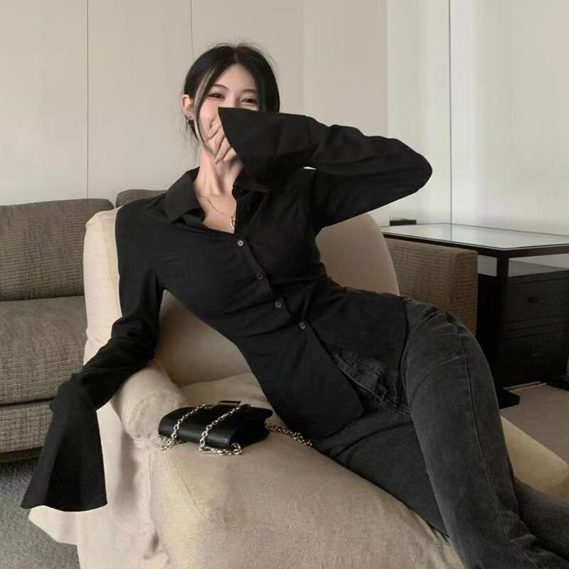 Sieviešu seksīgs, tievs melns balts šifona krekls korejiešu modes tunika mugurā, mežģīņveida, piedurknēm, blūzes ar nolaižamu apkakli, rudens krekli