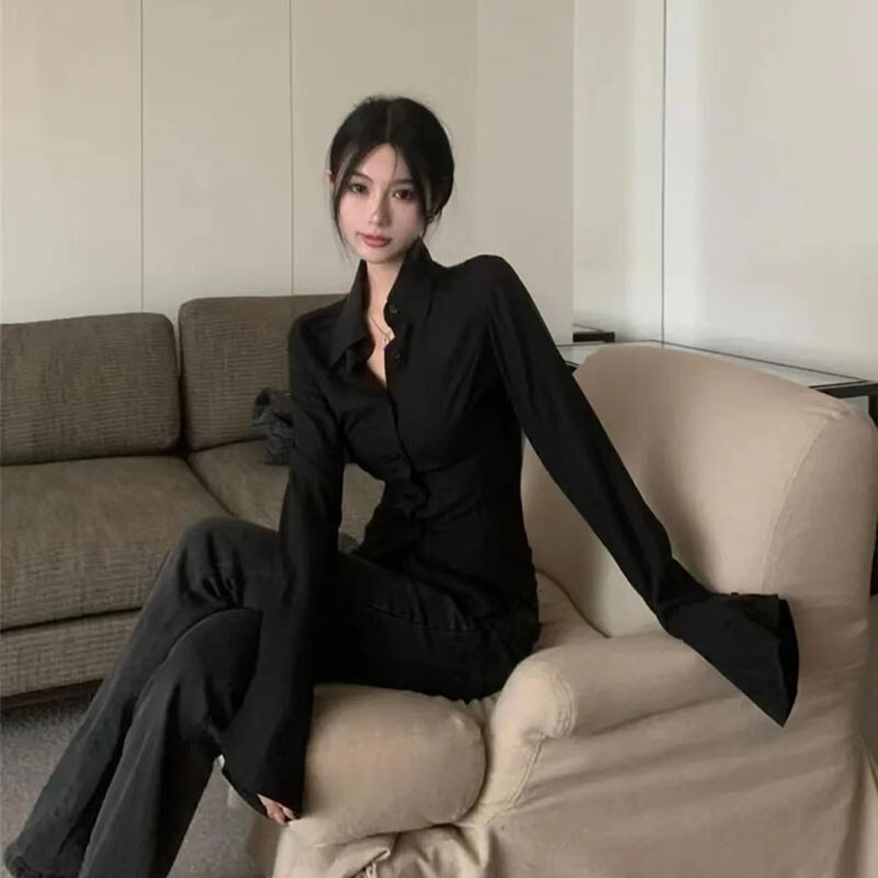 Sieviešu seksīgs, tievs melns balts šifona krekls korejiešu modes tunika mugurā, mežģīņveida, piedurknēm, blūzes ar nolaižamu apkakli, rudens krekli