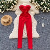 Stiilne vintage, õlgadeta õlgadeta seksikas seljatoeta ülaosa Elegantne kõrge vöökohaga vabaaja püksid, kevadine naiste mängukostüüm