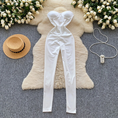 Stiilne vintage, õlgadeta õlgadeta seksikas seljatoeta ülaosa Elegantne kõrge vöökohaga vabaaja püksid, kevadine naiste mängukostüüm