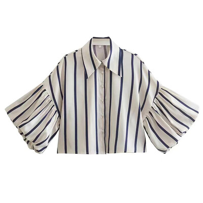 Sieviešu krekls ar puspūšamām piedurknēm, priekšpuse, poga, atloks, apkakle, piedurkne, sieviešu blūzes, svītraini topi Dashiki