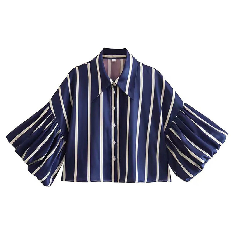 Sieviešu krekls ar puspūšamām piedurknēm, priekšpuse, poga, atloks, apkakle, piedurkne, sieviešu blūzes, svītraini topi Dashiki