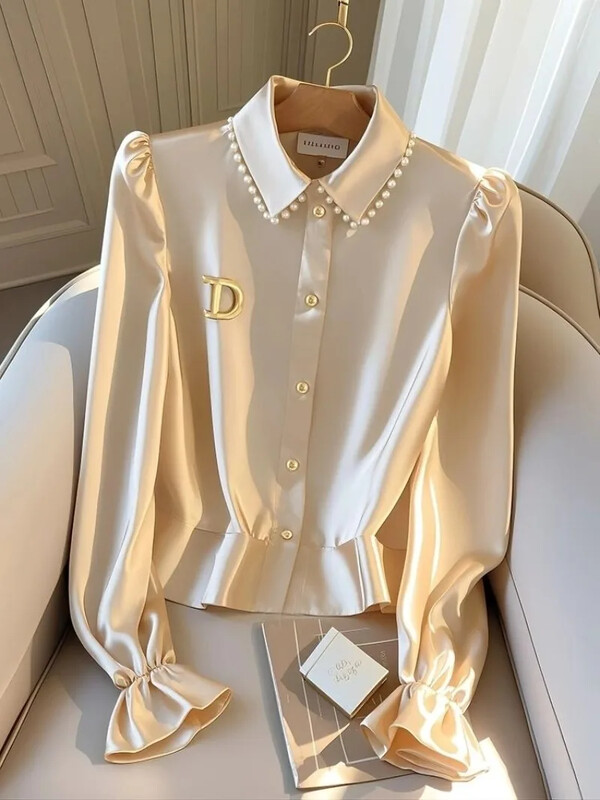 Сатенени ежедневни дамски блузи Пролет/Лято Нови плътни корейски ризи Slim Fit с дълги ръкави Топ Дамски дрехи Разпродажби