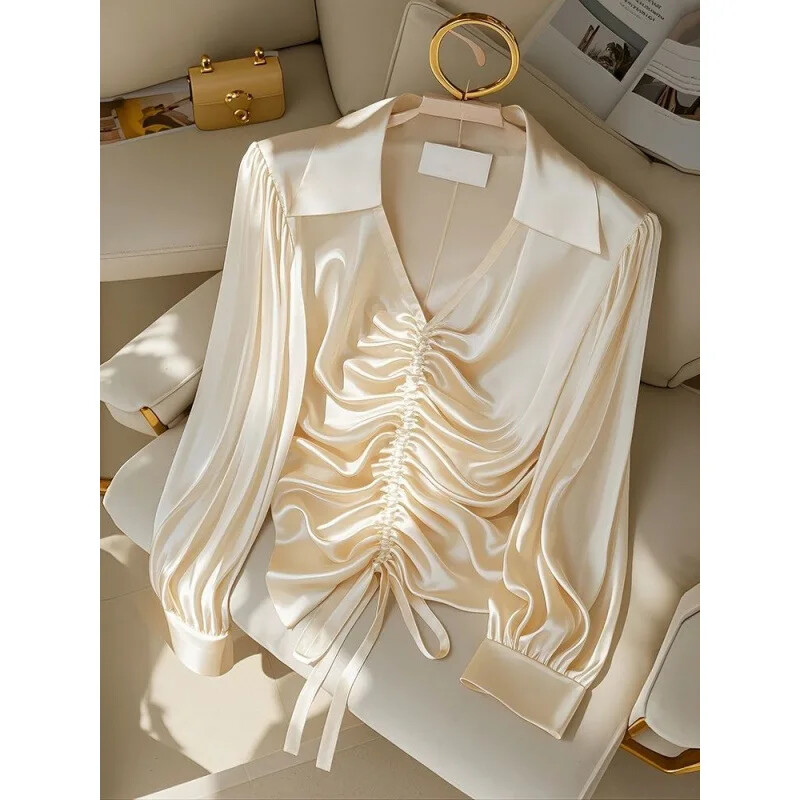 Jaunums rudens sezona šiks franču stila top krekls šampanieša krāsa etiķa piedurknēm garām piedurknēm krekls sieviešu vasara