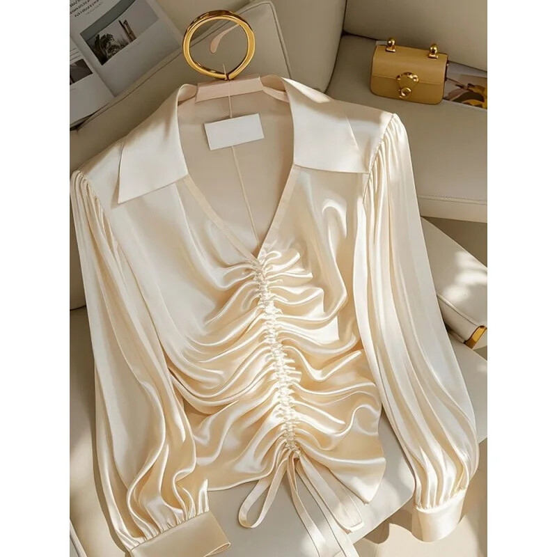 Jaunums rudens sezona šiks franču stila top krekls šampanieša krāsa etiķa piedurknēm garām piedurknēm krekls sieviešu vasara