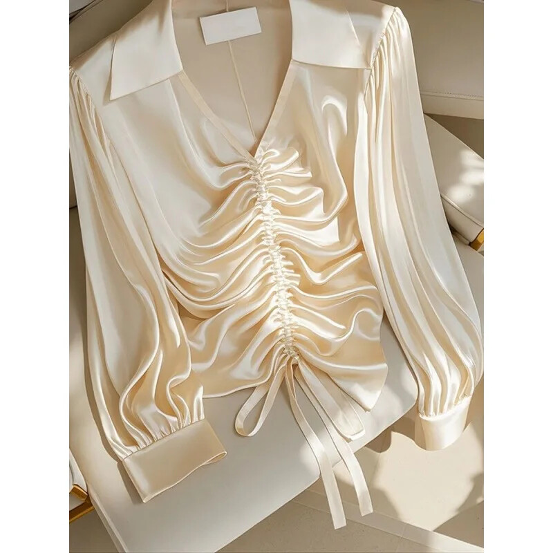 Jaunums rudens sezona šiks franču stila top krekls šampanieša krāsa etiķa piedurknēm garām piedurknēm krekls sieviešu vasara