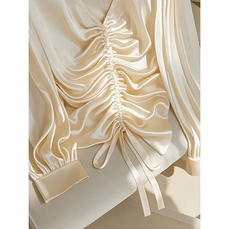 Jaunums rudens sezona šiks franču stila top krekls šampanieša krāsa etiķa piedurknēm garām piedurknēm krekls sieviešu vasara