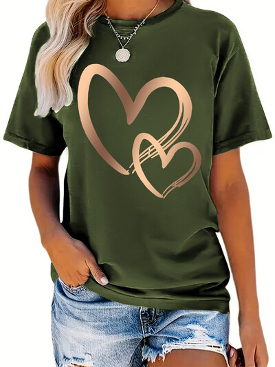 3DGradient Color Hearts T-krekls ar grafisku apdruku, ikdienišķs apģērbs ar īsām piedurknēm, modes tops vasarai, sieviešu apģērbs