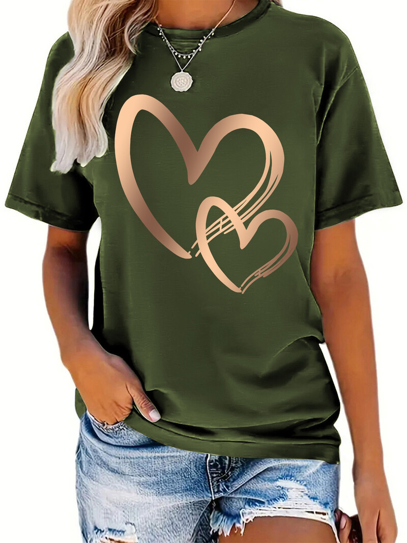 3DGradient Color Hearts T-krekls ar grafisku apdruku, ikdienišķs apģērbs ar īsām piedurknēm, modes tops vasarai, sieviešu apģērbs