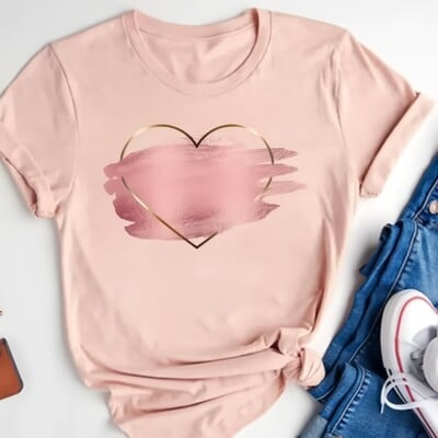 Tricou cu imprimeu acuarelă Love Heart pentru femei, tricou cu mânecă scurtă, îmbrăcăminte de bază, top de vară, haine grafice, modă dulce