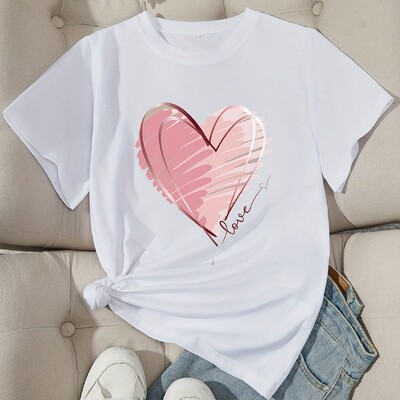 Naiste akvarell-südametrükiga T-särk, lühikeste varrukatega t-särk, tavariietus, suvine topp, graafilised rõivad, armas mood