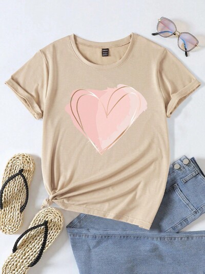 Naiste akvarell-südametrükiga T-särk, lühikeste varrukatega t-särk, tavariietus, suvine topp, graafilised rõivad, armas mood