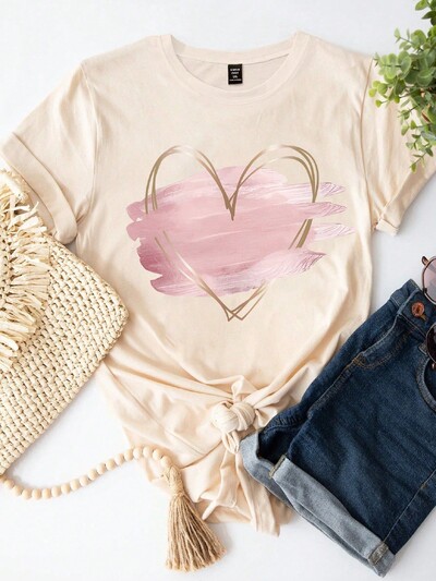 Naiste akvarell-südametrükiga T-särk, lühikeste varrukatega t-särk, tavariietus, suvine topp, graafilised rõivad, armas mood