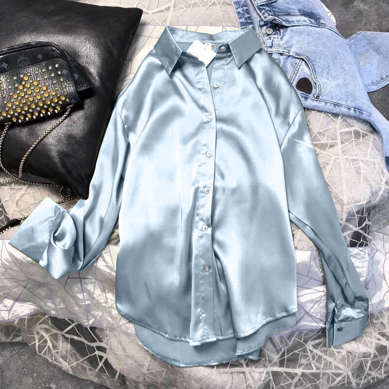 Sügisene vabaaja naiste satiinsärk Täitsa sobiv Basic ühevärviline kontori naiste topp Trendikas mitmevärvilised särgid ja pluusid šikk top