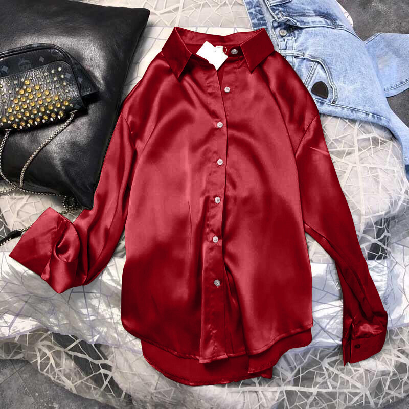 Sügisene vabaaja naiste satiinsärk Täitsa sobiv Basic ühevärviline kontori naiste topp Trendikas mitmevärvilised särgid ja pluusid šikk top