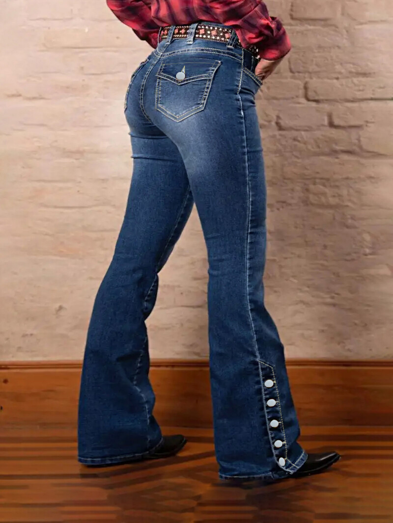 Sieviešu modes, elastīgi džinsa džinsi ar augstu vidukli, ar pogām, ikdienišķas džinsu bikses ar apakšu, klasiski zilas