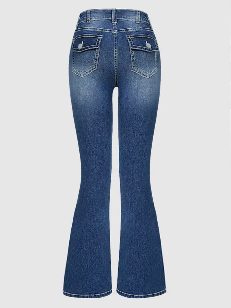 Sieviešu modes, elastīgi džinsa džinsi ar augstu vidukli, ar pogām, ikdienišķas džinsu bikses ar apakšu, klasiski zilas