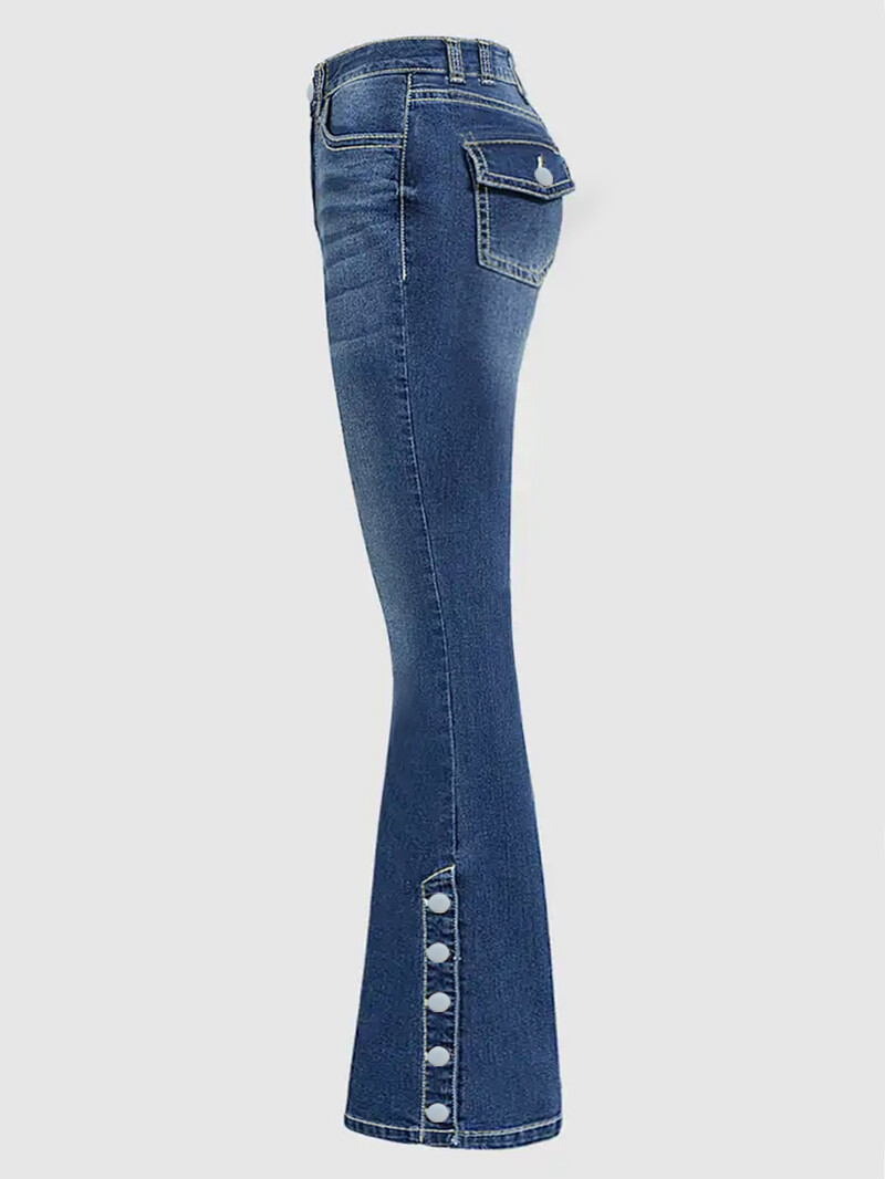 Sieviešu modes, elastīgi džinsa džinsi ar augstu vidukli, ar pogām, ikdienišķas džinsu bikses ar apakšu, klasiski zilas