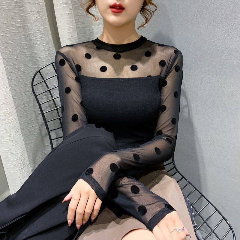 Ženske elegantne, seksi prozirne mrežaste patchwork elegantne osnovne majice kratkih rukava, crne, tanke majice s O izrezom, dugih rukava Ropa De Mujer