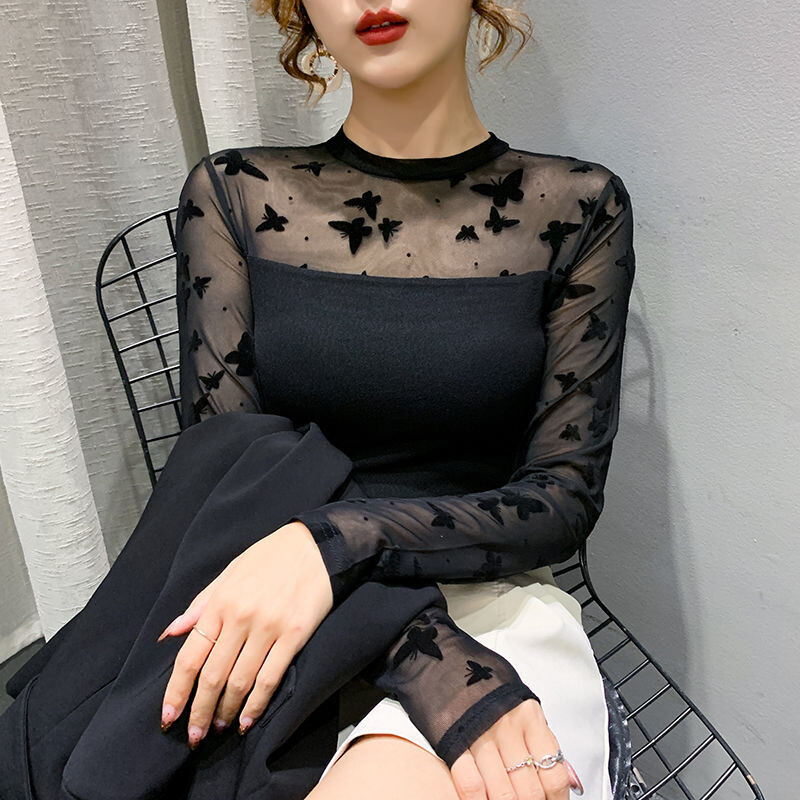 Ženske elegantne, seksi prozirne mrežaste patchwork elegantne osnovne majice kratkih rukava, crne, tanke majice s O izrezom, dugih rukava Ropa De Mujer