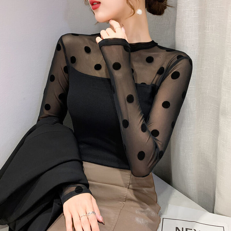 Ženske elegantne, seksi prozirne mrežaste patchwork elegantne osnovne majice kratkih rukava, crne, tanke majice s O izrezom, dugih rukava Ropa De Mujer