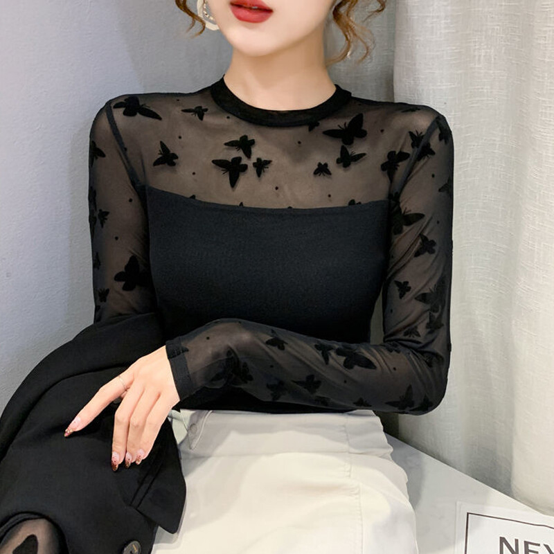 Ženske elegantne, seksi prozirne mrežaste patchwork elegantne osnovne majice kratkih rukava, crne, tanke majice s O izrezom, dugih rukava Ropa De Mujer