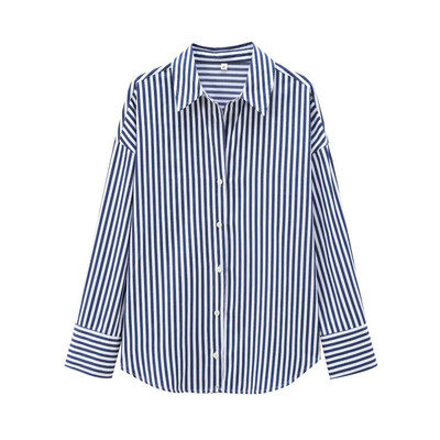 Modes sieviešu krekls ar vienrindām svītrām, brīvi sieviešu krekli ar pilnām piedurknēm 2025. gada pavasara jauns atloks, ikdienas kontrasta blūze