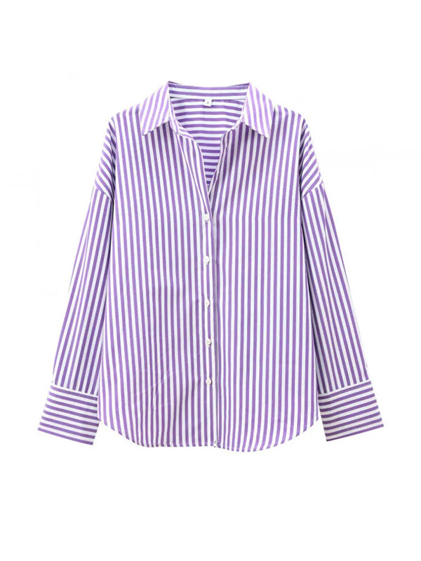 Modes sieviešu krekls ar vienrindām svītrām, brīvi sieviešu krekli ar pilnām piedurknēm 2025. gada pavasara jauns atloks, ikdienas kontrasta blūze