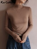 Пролетни базови дамски тениски Половина водолазка Тънък ежедневен пуловер Дамски горнища Едноцветни модални еластични тениски с дълъг ръкав за жени