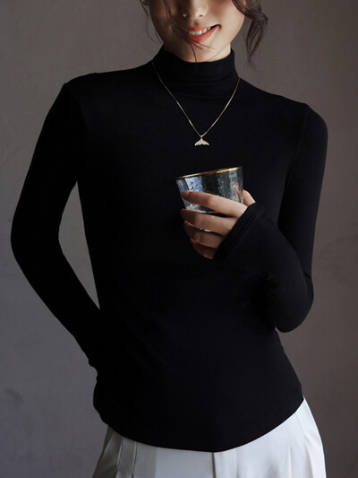 Пролетни базови дамски тениски Половина водолазка Тънък ежедневен пуловер Дамски горнища Едноцветни модални еластични тениски с дълъг ръкав за жени