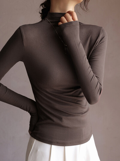 Пролетни базови дамски тениски Половина водолазка Тънък ежедневен пуловер Дамски горнища Едноцветни модални еластични тениски с дълъг ръкав за жени