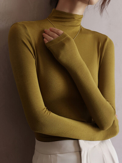 Пролетни базови дамски тениски Половина водолазка Тънък ежедневен пуловер Дамски горнища Едноцветни модални еластични тениски с дълъг ръкав за жени