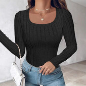 Melns Sieviešu T-krekls Rudens jauns ar garām piedurknēm apaļš kakla plāns T-krekls Tops Sieviešu apģērbs Ikdienas trikotāžas T-krekli Krekli Puloveri