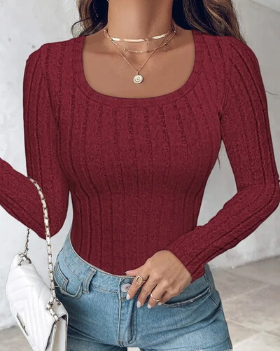 Melns Sieviešu T-krekls Rudens jauns ar garām piedurknēm apaļš kakla plāns T-krekls Tops Sieviešu apģērbs Ikdienas trikotāžas T-krekli Krekli Puloveri