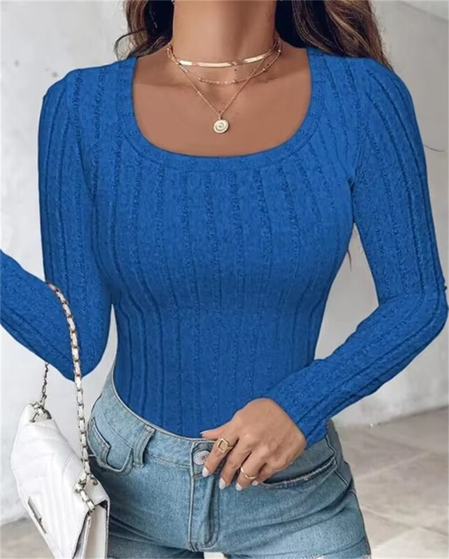 Melns Sieviešu T-krekls Rudens jauns ar garām piedurknēm apaļš kakla plāns T-krekls Tops Sieviešu apģērbs Ikdienas trikotāžas T-krekli Krekli Puloveri